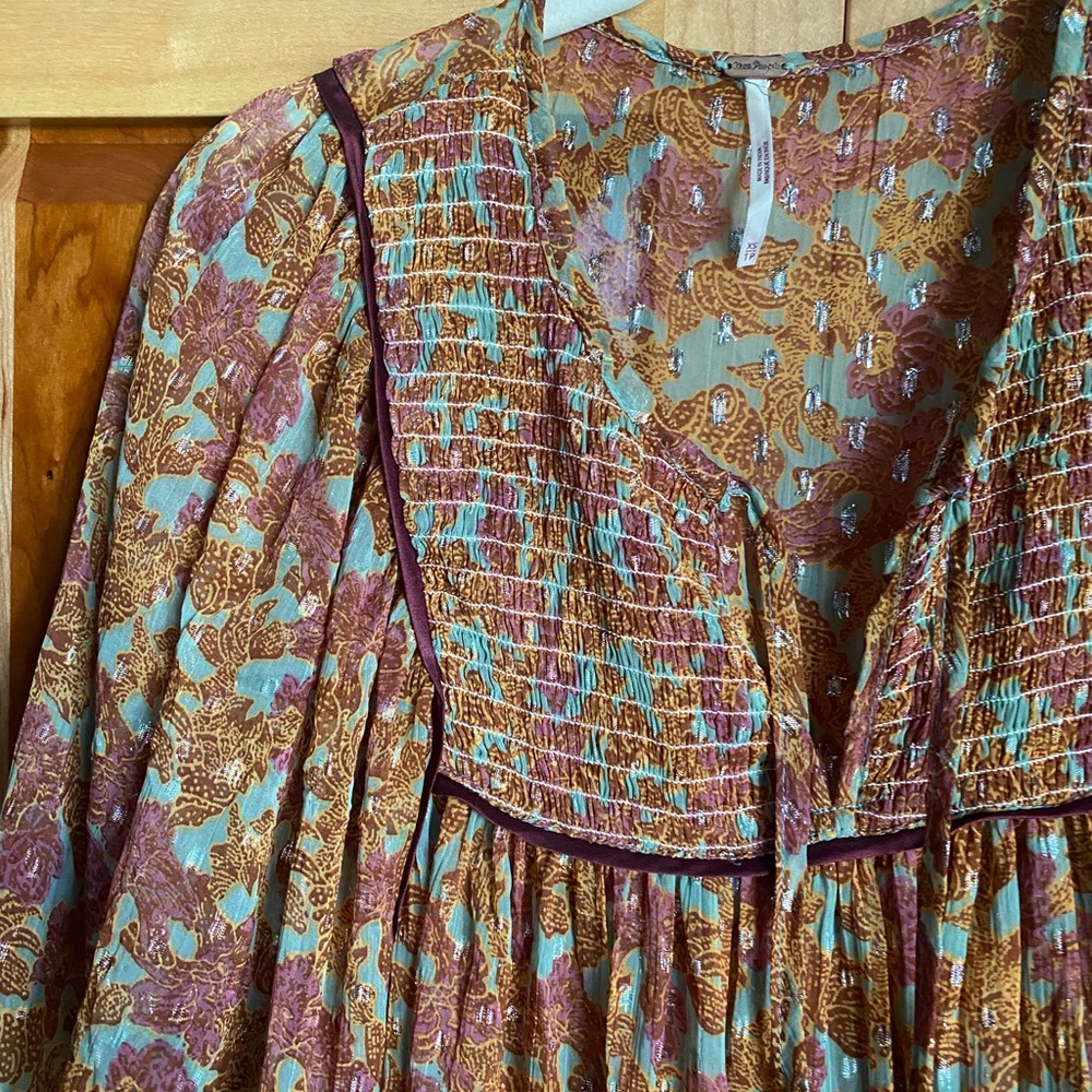 Free People FREE SWINGING Floral Boho Long Sleeve Tiered Mini Babydoll Dress XS